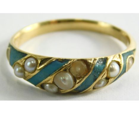 A turquoise enamel and seed pearl dress ring, on a yellow metal band, unmarked, ring size M ½, 2.4g all in. (AF)