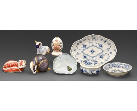 Four Royal Crown Derby paperweights, a Royal Copenhagen dish moulded with a frog and Musselmalet pattern dish and a Meissen O