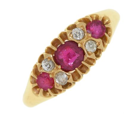 A ruby and diamond ring, in 18ct gold, Chester 1912, 3.5g, size O  Light wear