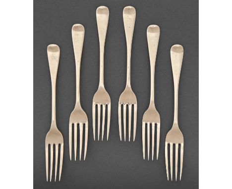 A set of six George III silver dessert forks, Hanoverian pattern, crested, by Richard Crossley, London 1802 and 1803, 7oz 15d