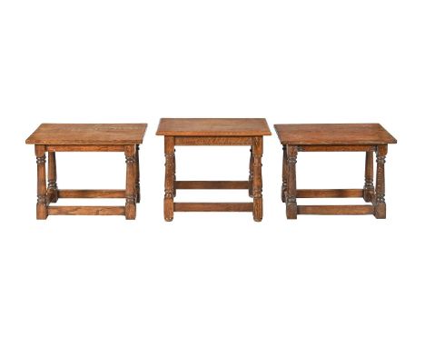 One and a pair of oak joint stools, 20th c, the first 46cm h; 25 x 53cm  Good condition