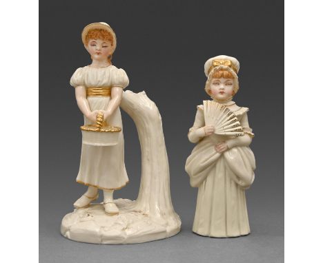 A Royal Worcester Town Girl figural candle snuffer and a figure of a girl, c1880 or 1882, designed by James Hadley in the man