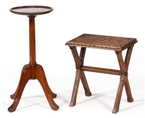 A carved and stained wood X-frame stool and a mahogany pillar table on quadruple legs, table 60cm h  Good condition