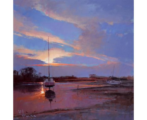 Peter Wileman PPROI, RSMA (1946- ) - Sunset on The Aln Estuary Northumberland, signed, inscribed verso, oil om board, 59 x 60