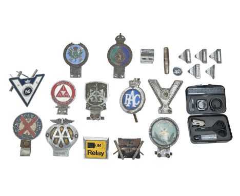 Miscellaneous car badges, early 20th c, including 1950s regimental car badge&nbsp;and a travel collapsible corkscrew,&nbsp;14