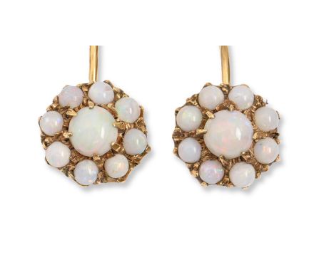 A pair of opal earrings, in gold, screw fittings, cluster 11mm diam, marked 9ct, 4.4g  Good condition
