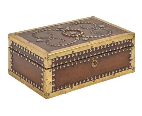 A brass bound leather trinket box, the lid and side panels decorated with brass and steel studs, 10cm h; 25 x 16cm  Good cond