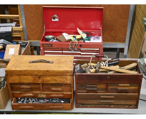 A Clarke metal tool chest and tools, plus two mid-20th c tool chests and tools, including hammers, screwdrivers, wrenches, et