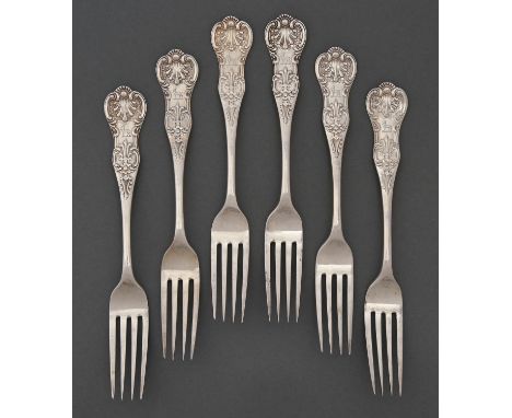 A set of six Victorian silver table forks, Queen’s pattern, crested, maker D C R &amp; S, Sheffield 1899, 17oz 10dwt  Light r