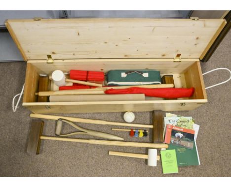 A croquet set, in pine trunk with hinged lid, 117cm w  Good condition