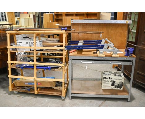 A galvanized steel work bench, mounted with record vice, pine shelving unit, various Clarke and other tools, including bench 