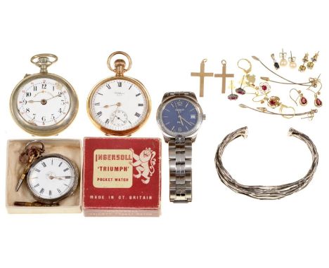Two 9ct gold crosses, miscellaneous other articles (gold approx 10g), a silver watch, gold plated keyless lever watch, two ot