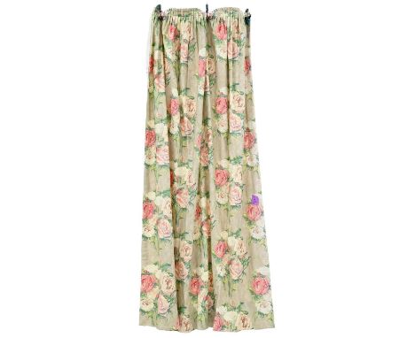 Five pairs of heavy fawn ground rose bouquet linen curtains, fleece and cotton lined, each curtain approx 265cm drop, gathere