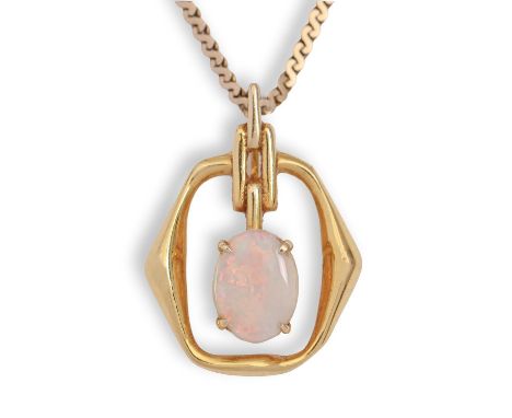 An opal pendant, in gold, 24mm h, marked 14k, on a 9ct gold necklet, 4.9g  Good condition