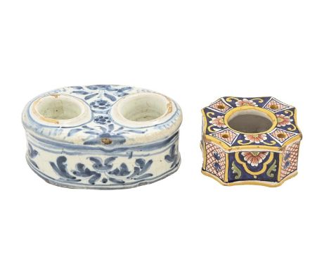 Two Spanish tin glazed earthenware inkwells, first half 19th c, 5.5cm h and smaller  The larger with chips to glaze, to the o