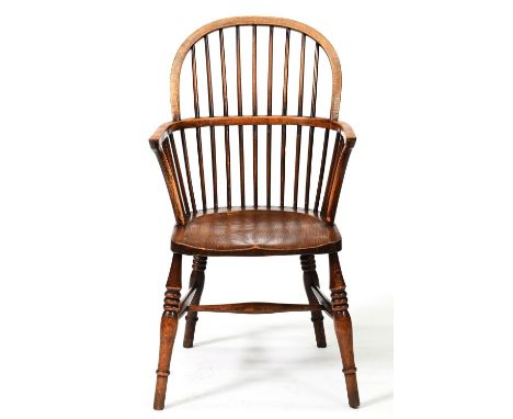 An ash Windsor chair, first half 20th c, with elm seat, 100cm h, ivorine trade label of HEATON TABB &amp; CO LTD ADELPHI WORK