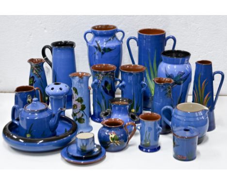 A collection of Torquay ware, first half 20th c, glazed in blue slip and painted with kingfishers or butterflies, 31cm h and 