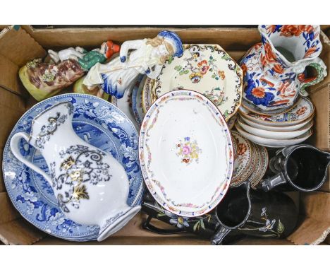 Miscellaneous porcelain and earthenware, mid-19th c and later, to include blue transfer printed plates, a Staffordshire figur