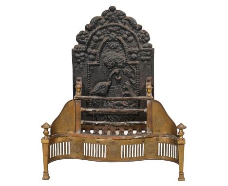 A serpentine brass and cast iron basket grate, early 20th c, in George I style, with pierced and engraved decoration and vase