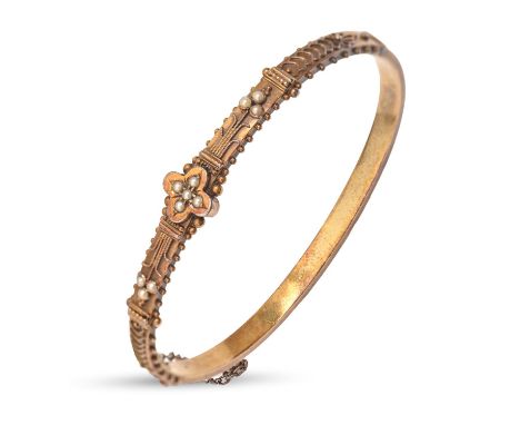 A Victorian split pearl bangle, in gold, 56mm (internal), marked 15c, 8.4g  Good condition in contemporary morocco box