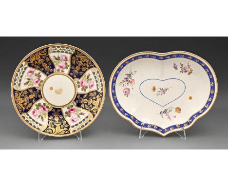 A Derby dessert dish, c1775, enamelled with loose bouquets in blue and gilt border, 26cm w, blue enamel crown and D and a Der