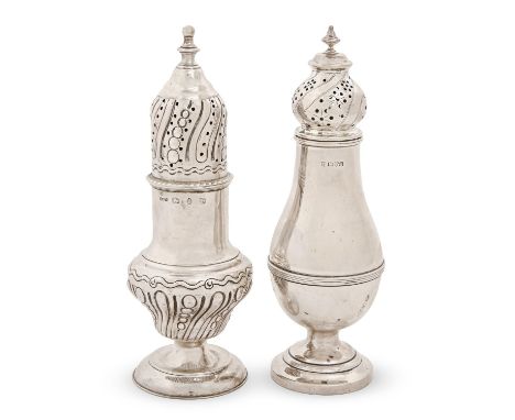 A Victorian silver ogee sugar caster and cover and a George V baluster example, 22.5cm h, by Plante &amp; Co, Birmingham 1894
