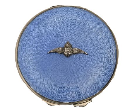 A George V silver and blue guilloche enamel compact, applied with RAF silver wings insignia, 70mm diam, by Gieves Ltd, Birmin