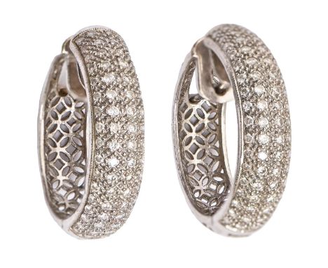 A pair of diamond hoop earrings,&nbsp;pavé set in white gold, 31mm diam, marked 750, 24g  Good secondhand condition, with lig