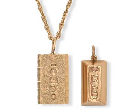 Two 9ct gold bar pendants and a gold necklet, pendants 18mm and 20mm h, 11.7g  Light wear scratches
