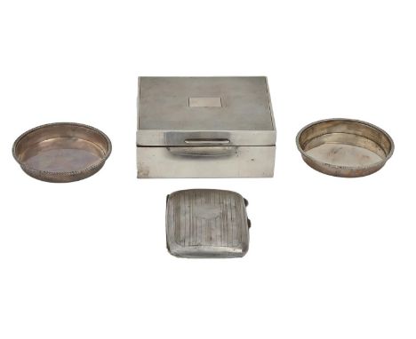 A pair of George V silver coasters, with beaded rim, 78mm diam, by Oliphant &amp; Botsford Ltd, London 1926, a silver cigaret