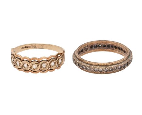 Two white stone rings, in 9ct gold, 5.3g, size N, O  Light wear