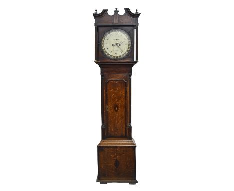 An eight-day oak and mahogany longcase clock, Jno Chambley W[olver]hampton, early 19th c, the painted dial with brass ringed 