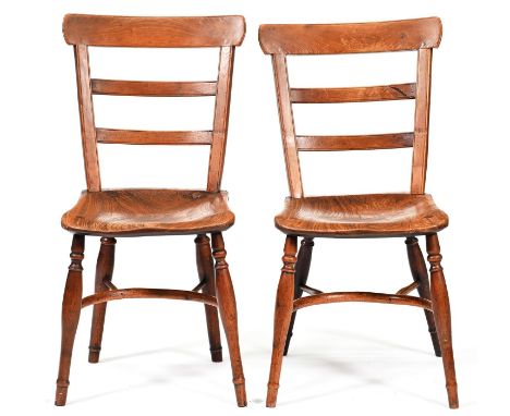 A pair of square-back yew wood Windsor side chairs, attributed to Buckinghamshire, c1830, with scribed edge  Both genuine and
