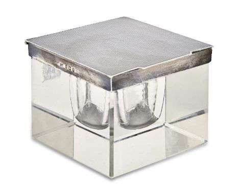 A George V silver mounted glass inkwell, square shaped with engine turned lid, 90 x 95mm, by Deakin &amp; Francis Ltd, Birmin