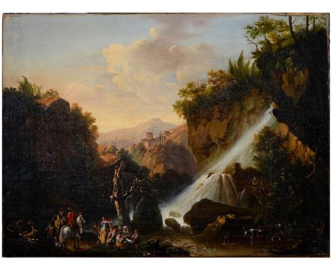 Italian School, 18th century - Landscape near Tivoli with Mounted Travellers Viewing a Cascade, oil on canvas, 29.5 x 40.5cm,