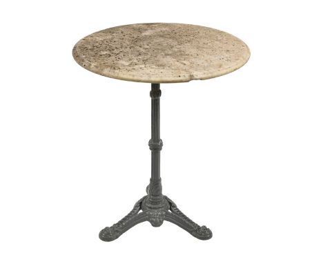 Garden furniture. A cast iron tripod table with round marble top, 20th c, 72cm h, 60cm diam  Base grey painted, top undamaged