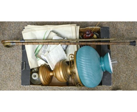 Miscellaneous Victorian and Oriental bygones, including brass oil lamp, with green glass reeded shade, walking sticks, horse 