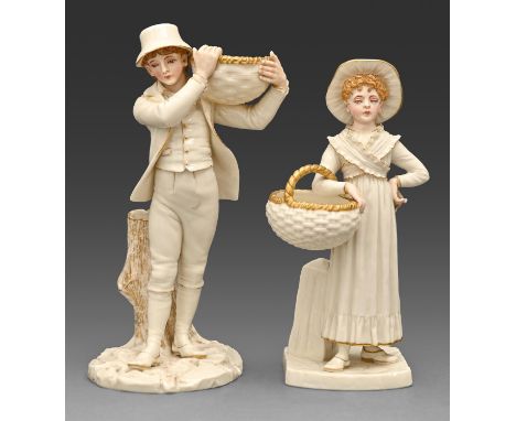 Two Royal Worcester figures of a girl and boy with baskets, c1881 or 1882,&nbsp;designed by James Hadley in the manner of Kat