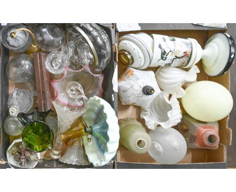 Miscellaneous glass lamp shades and other glassware, 19th c and later, to include scent bottles and a vase and cover painted 
