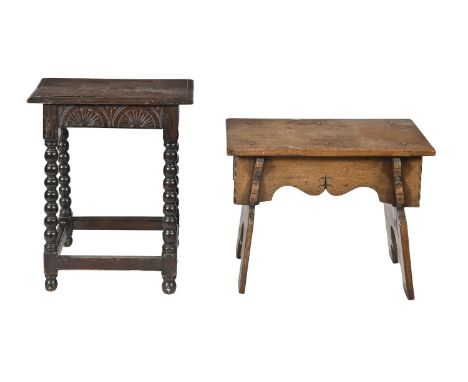 An oak joint stool, 19th/early 20th c, the rails carved with lunettes on bobbin turned leg, dark stained, 61cm h; 24 x 50cm a