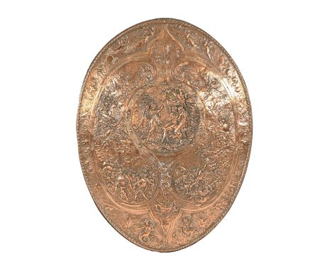 Elkington &amp; Co. Milton shield, plated copper electrotype designed by Léonard Morel-Ladeuil, 1866, 85.5cm h  Originally pr