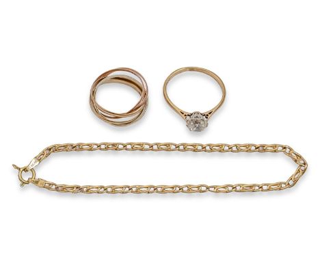 A white stone ring, gold hoop marked 9ct PLAT, a gold multiple ring and a gold bracelet, 6g, first ring size O (3)  Good cond