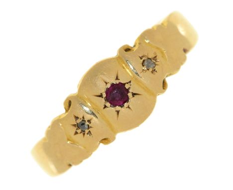A ruby and diamond ring, gypsy set, in 18ct gold, Chester 1902, 2.5g, size N  Light scratches from wear, hoop a little thin