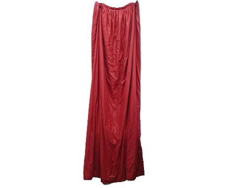 Three pairs of heavy cerise glazed cotton curtains, fleece and cotton lined, each curtain approx 337cm drop, gathered top wid
