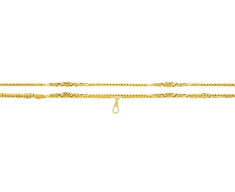 A Victorian gold muff chain, of Brazilian mesh with fourteen groups of three shaped and pierced links, gold swivel clasp, 157