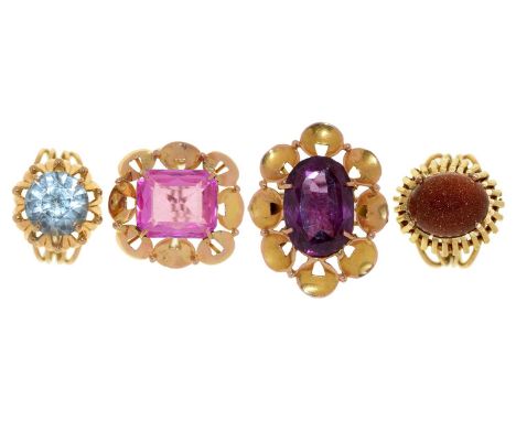 Four gold rings, variously gem set, 25g, size M, O, R  Good condition