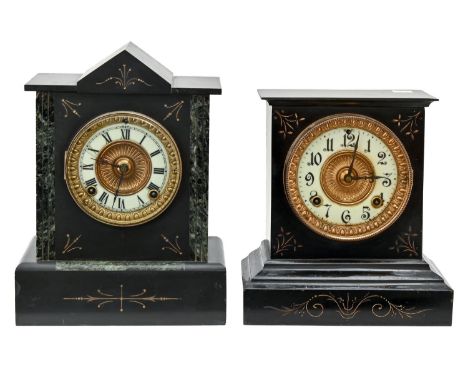 A French, belge noir and marble mantle clock, early 20th c, giltmetal mounted enamel chapter ring, 31cm h; 21.5 x 12.5cm, pen