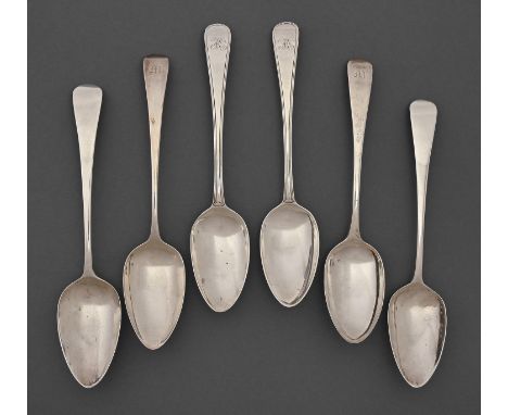 Two pairs and one matched pair of George III silver tablespoons, Old English and Old English Thread pattern, all London, by v