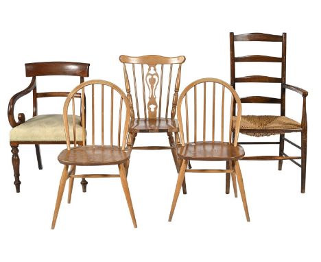 Two Ercol beech Windsor chairs, c1960, with elm seat, an early Victorian mahogany scroll arm elbow chair and two other chairs