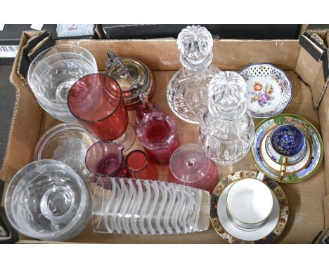 Miscellaneous glassware and porcelain, 20th c, to include two cut glass decanters, cranberry glass and a Royal Worcester Lord